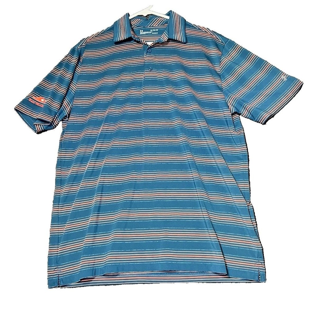 Under Armour Mens Size XL Polo Shirt Green Orange Striped Bald Mountain Golf - Picture 2 of 14
